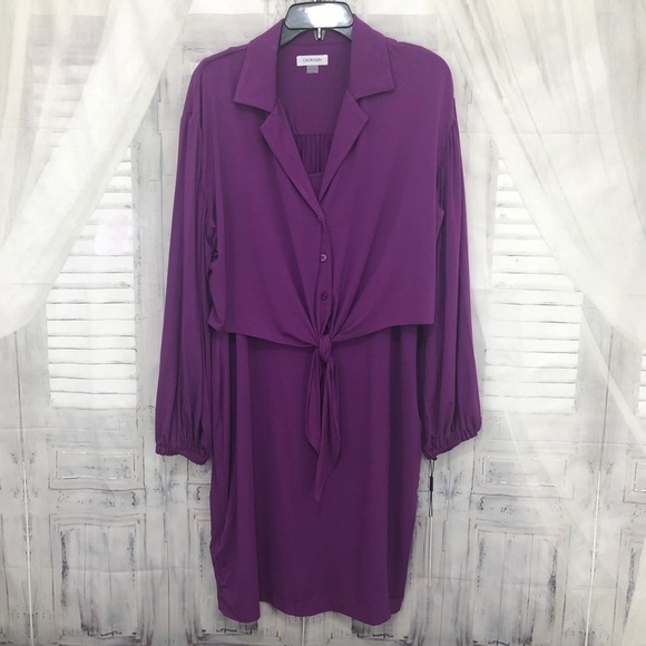 Calvin Klein Size 12 Long Sleeve Solid Purple Tie Front Dress Button Stretch NEW - Picture 9 of 13